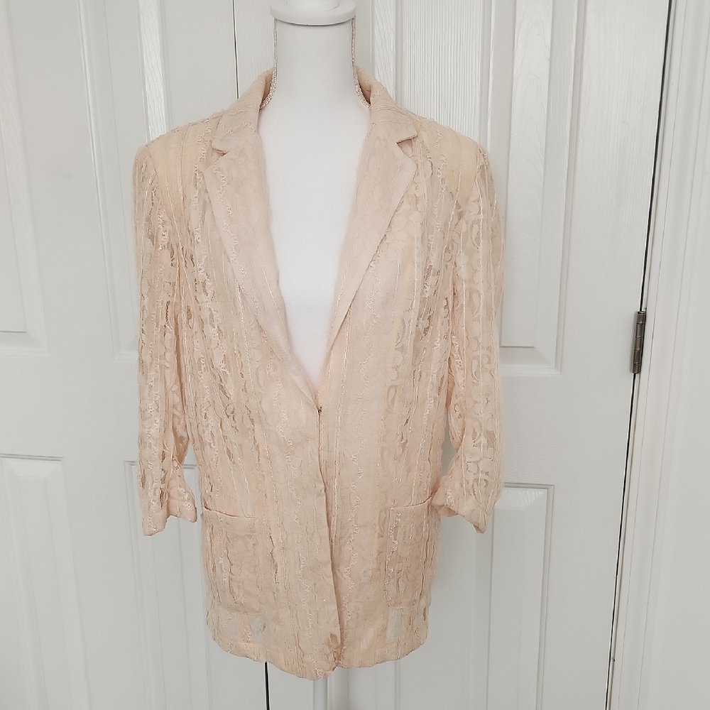 Alberto Makali Sheer Lace Sequin Blazer Cream M Vintage Designer Cottagecore